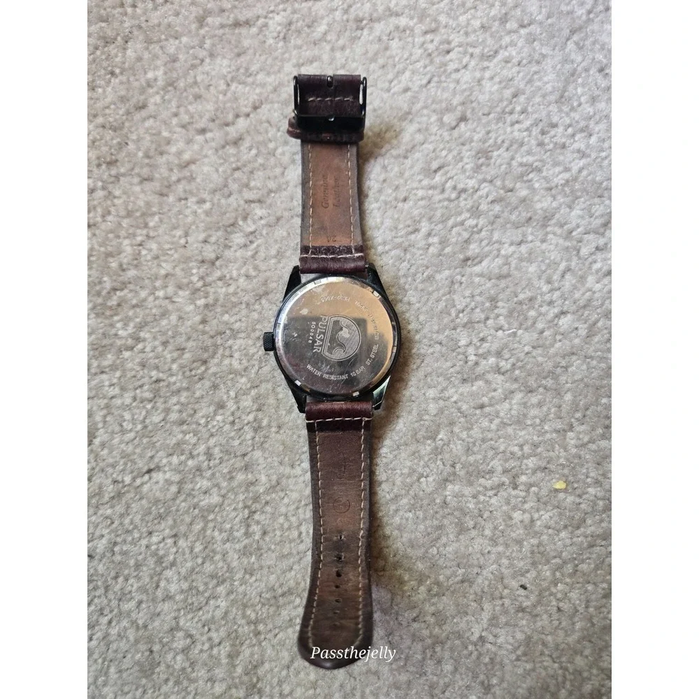 Pulsar Watch Mens Black Dial Orange Accent Date Quartz Field Watch Brown Leather